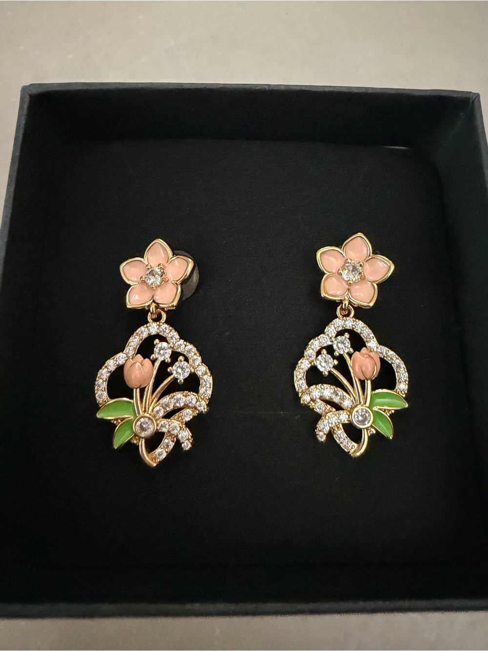 Gold-Tone Pink Floral Drop Earrings with Green Accents